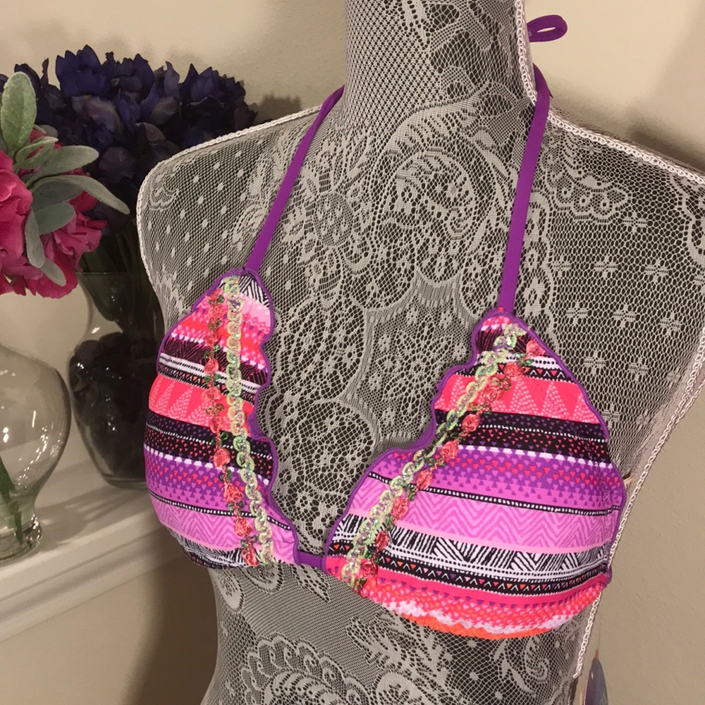 Striped Ruffle String Swim Top